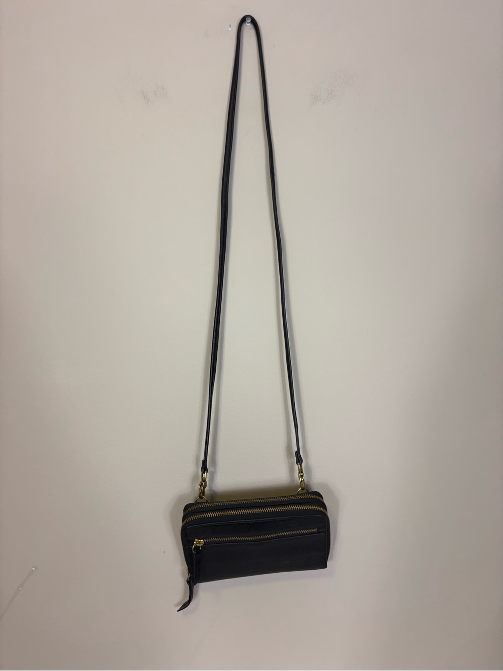 Fossil Black Leather Crossbody Wallet with Gold Accents